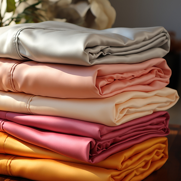 Pile of linens sitting atop a bed.