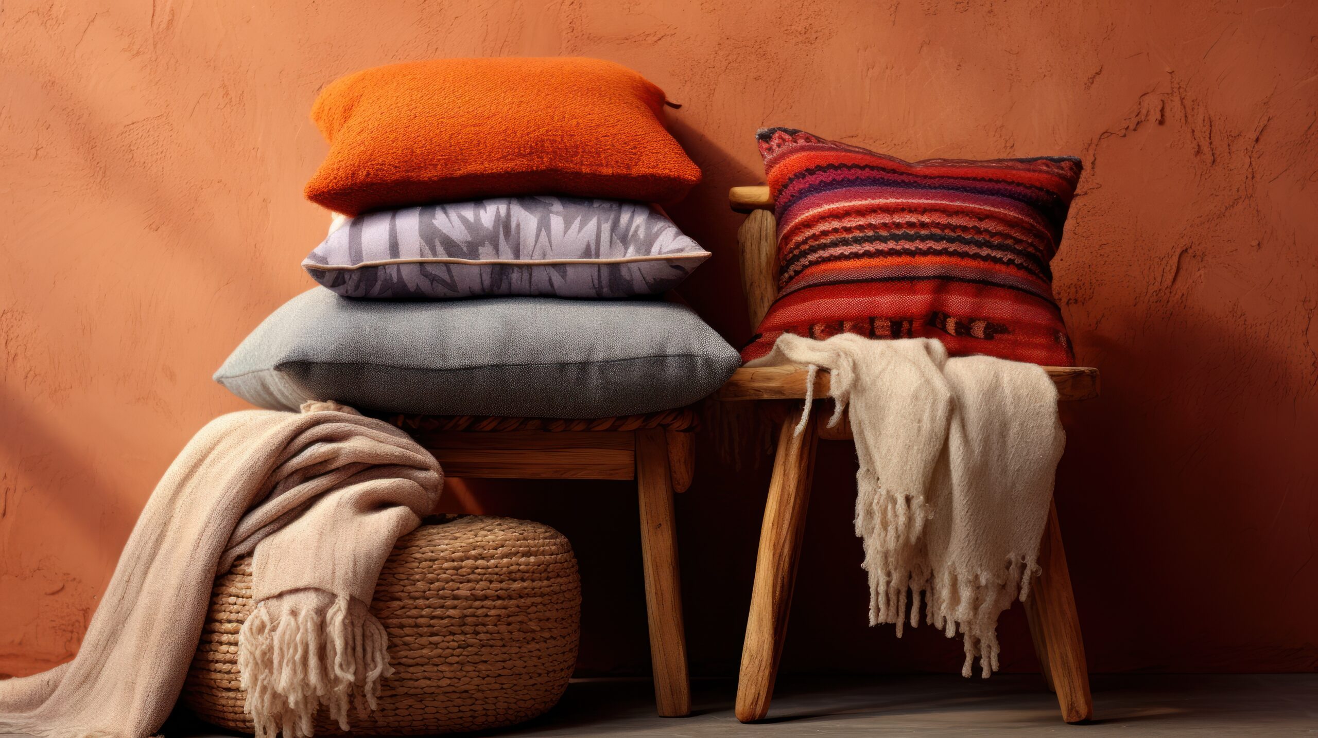 A collection of vibrant pillows and a cozy blanket are placed on a wooden chair against a textured terracotta wall.